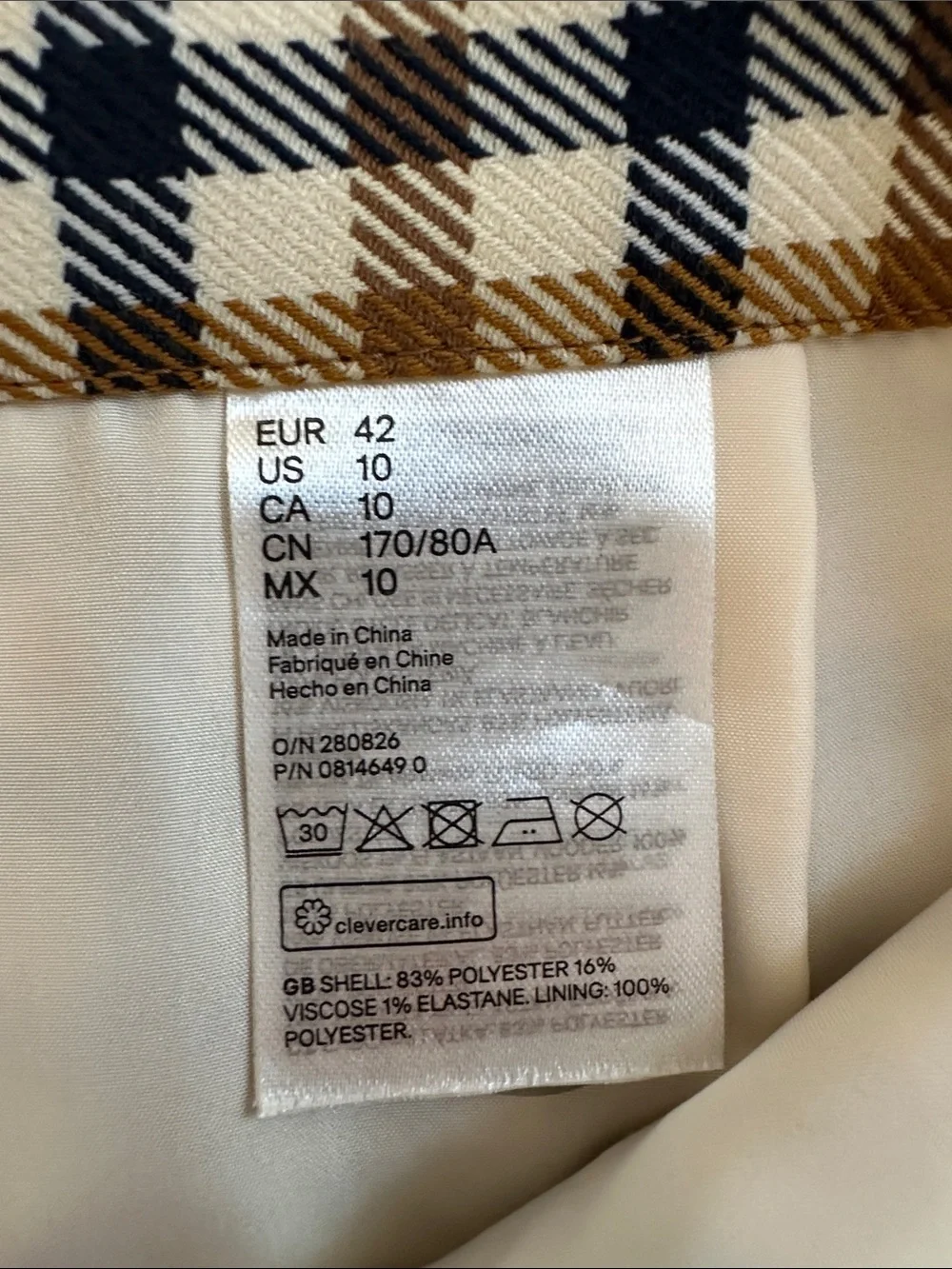 H&M Mod Button-Front Plaid Mini Skirt in Tan, Cream, and Black